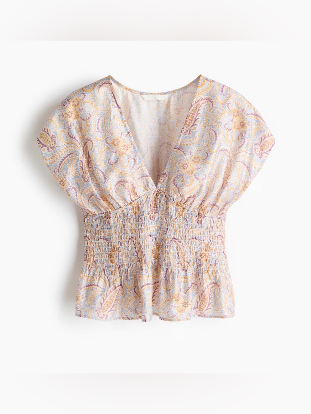 H&M Paisley Floral Peplum Blouse Size M Blue Purple Smocked Waist